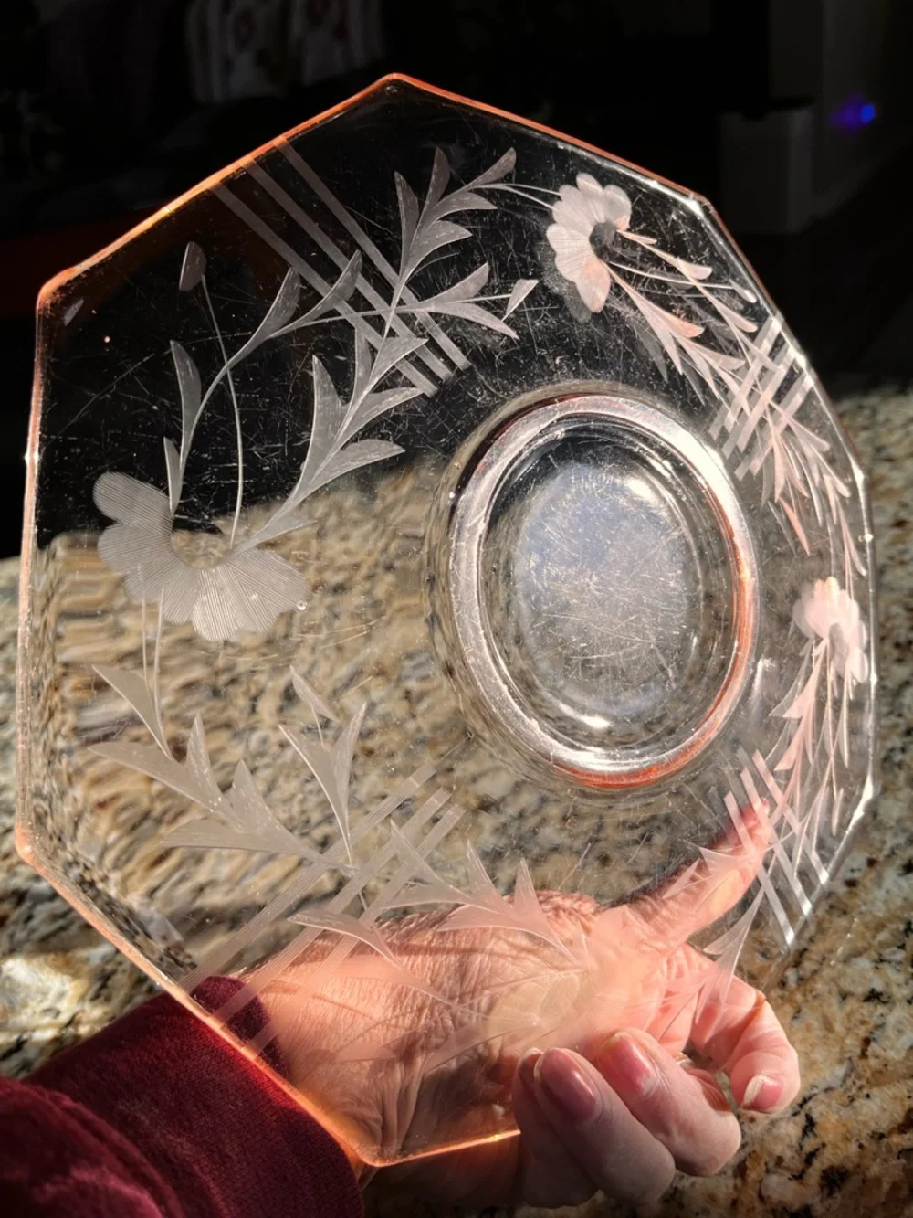 Vintage Pink Depression Glass Etched Floral Plate 10” Octagon Serving Dish